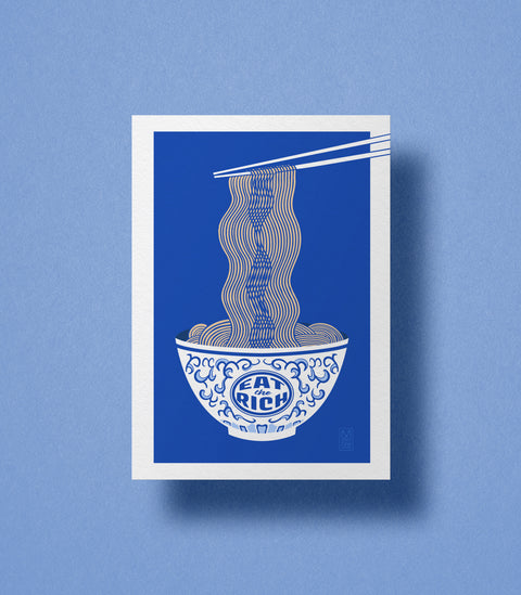 Framed artwork of a bowl of noodles with chopsticks on a blue background