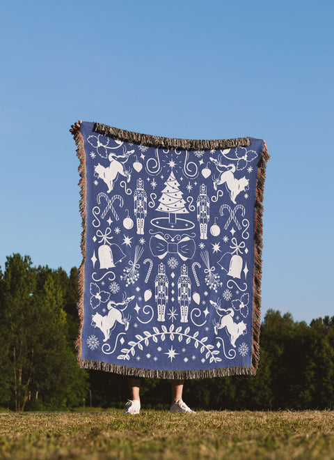 Blue Shiba Nutcracker Holiday Woven Blanket - moonymade