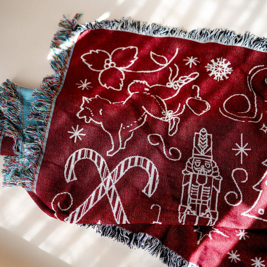 Shiba Nutcracker Red Woven Blanket Sample