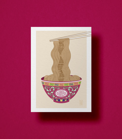 Illustration of a Chinese porcelain bowl of longevity noodles with chopsticks on a burgundy background